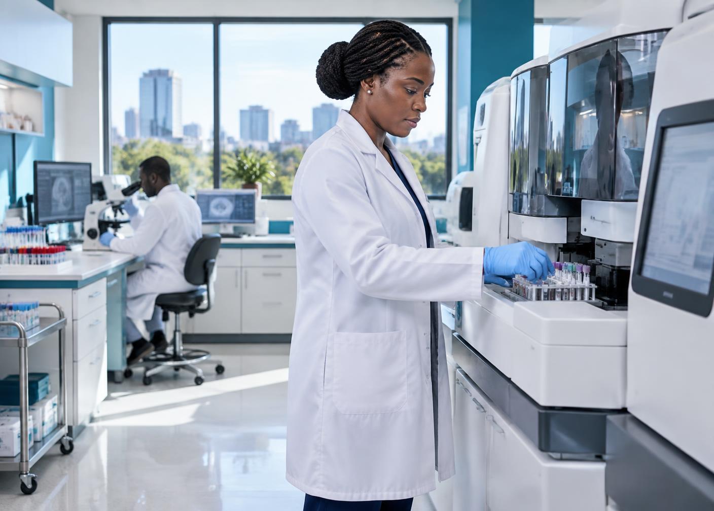 African laboratory professional operating modern diagnostic analyzers
